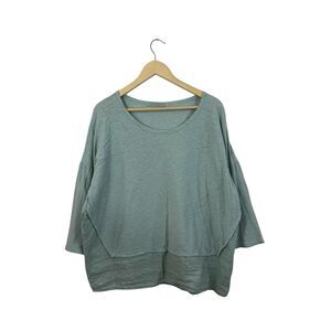 Cut Loose Medium Top Linen Blend Pullover Lagenlook Blue 3/4 Sleeve USA Womens